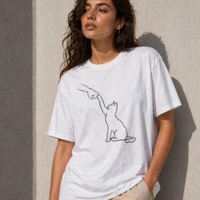 Kadın Minimal Kedi Çizim Baskılı Tişört Kısa Kol Yazlık T-Shirt - Beyaz