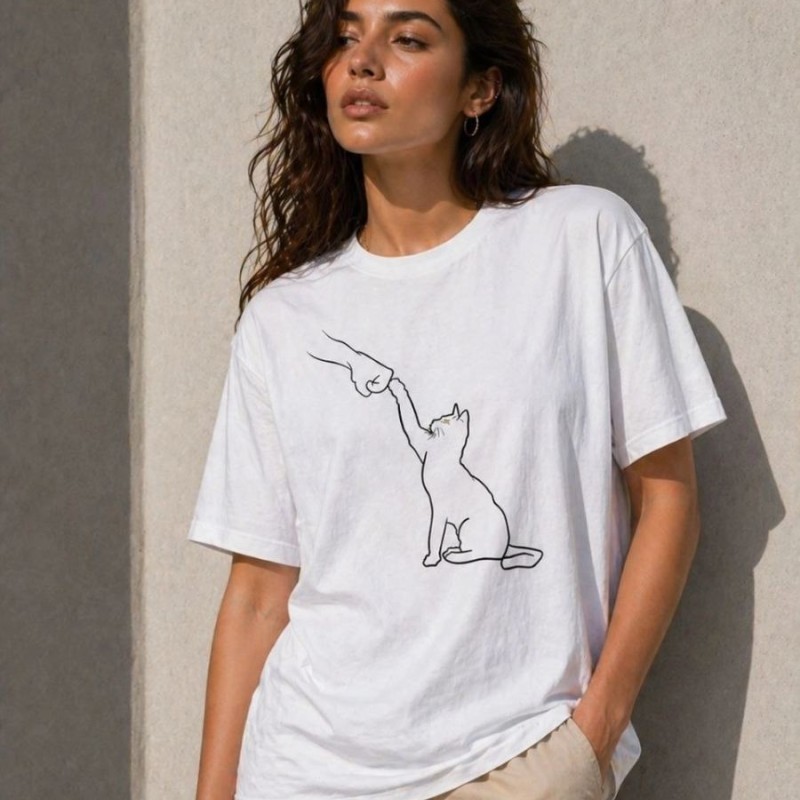 Kadın Minimal Kedi Çizim Baskılı Tişört Kısa Kol Yazlık T-Shirt - Beyaz