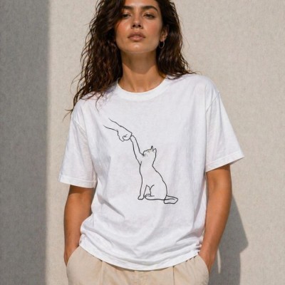 Kadın Minimal Kedi Çizim Baskılı Tişört Kısa Kol Yazlık T-Shirt - Beyaz