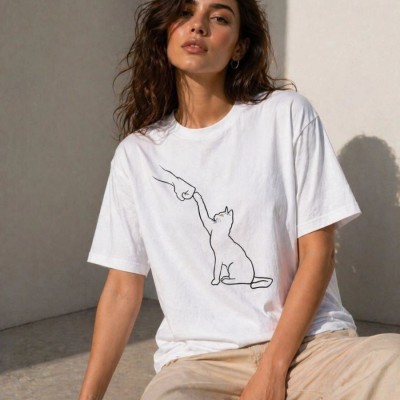 Kadın Minimal Kedi Çizim Baskılı Tişört Kısa Kol Yazlık T-Shirt - Beyaz