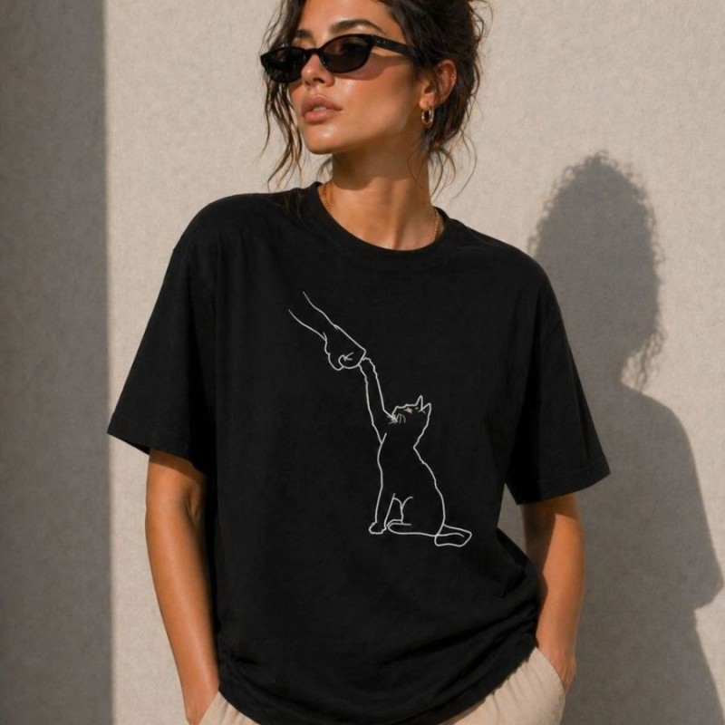 Kadın Minimal Kedi Çizim Baskılı Tişört Kısa Kol Yazlık T-Shirt - Siyah