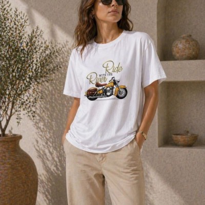 Kadın Motosiklet Baskılı Tişört Bisiklet Yaka Kısa Kol Yazlık T-Shirt - Beyaz