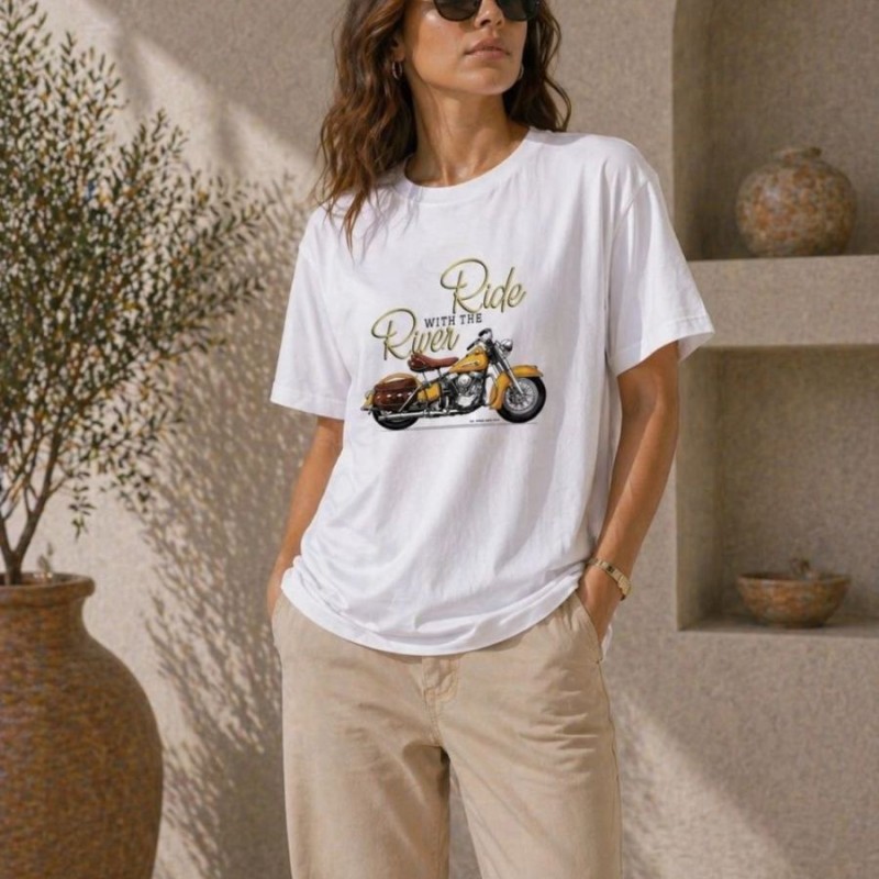 Kadın Motosiklet Baskılı Tişört Bisiklet Yaka Kısa Kol Yazlık T-Shirt - Beyaz