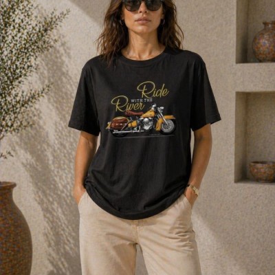 Kadın Motosiklet Baskılı Tişört Bisiklet Yaka Kısa Kol Yazlık T-Shirt - Siyah