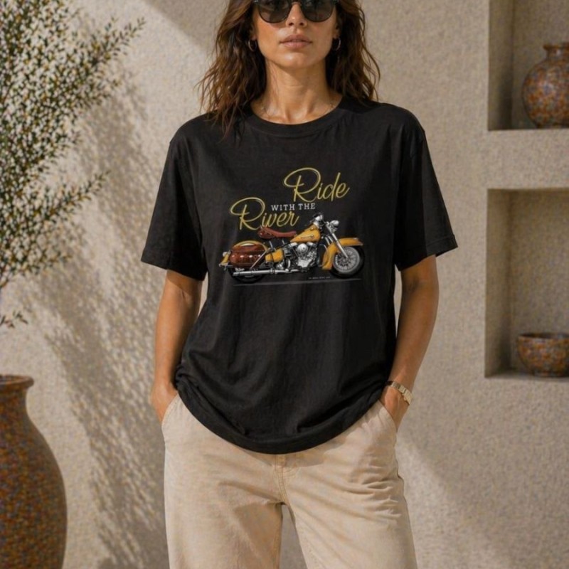 Kadın Motosiklet Baskılı Tişört Bisiklet Yaka Kısa Kol Yazlık T-Shirt - Siyah