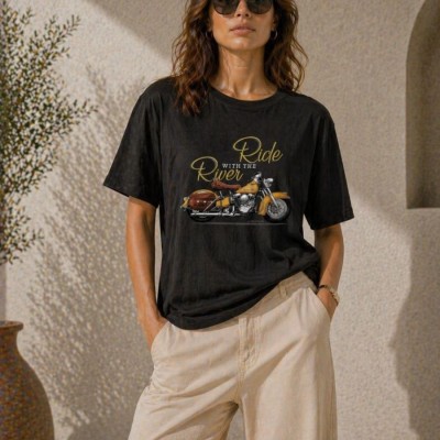 Kadın Motosiklet Baskılı Tişört Bisiklet Yaka Kısa Kol Yazlık T-Shirt - Siyah