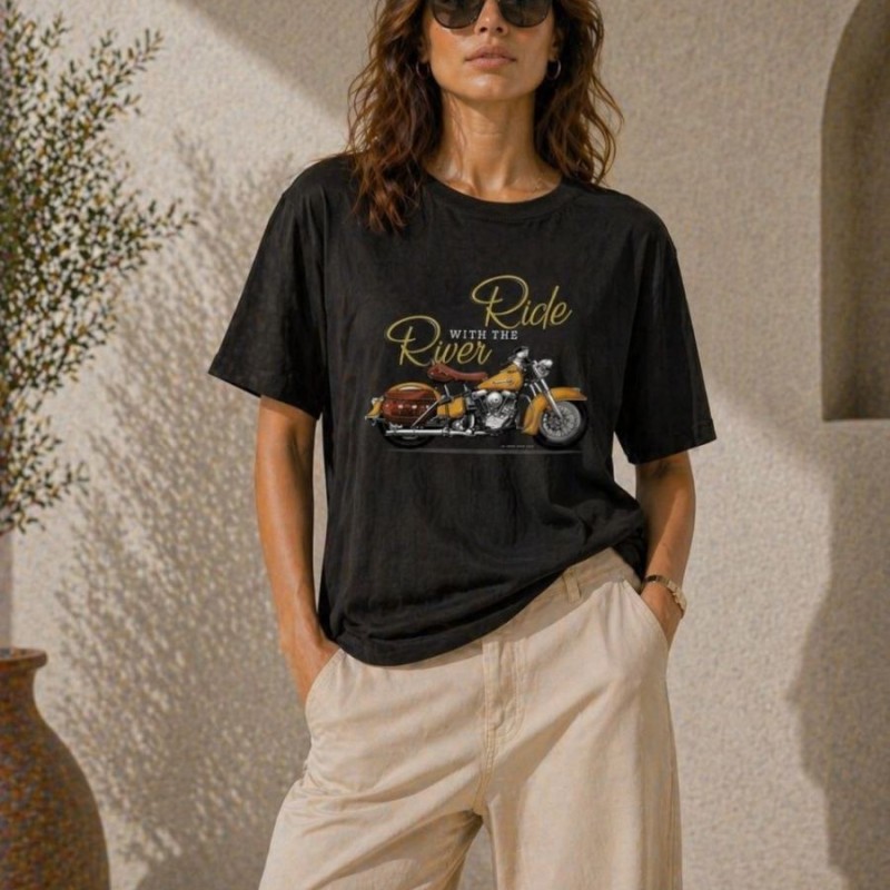 Kadın Motosiklet Baskılı Tişört Bisiklet Yaka Kısa Kol Yazlık T-Shirt - Siyah