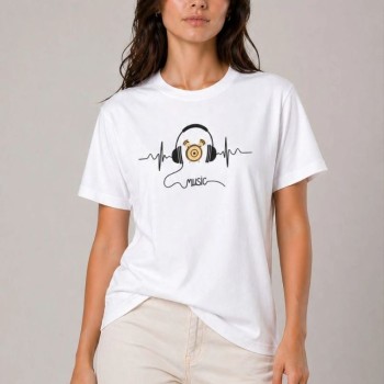 Kadın Müzik Temalı Baskılı Tişört Bisiklet Yaka Kısa Kol T-Shirt - Beyaz