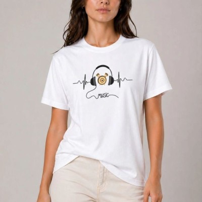 Kadın Müzik Temalı Baskılı Tişört Bisiklet Yaka Kısa Kol T-Shirt - Beyaz