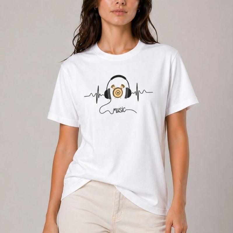 Kadın Müzik Temalı Baskılı Tişört Bisiklet Yaka Kısa Kol T-Shirt - Beyaz