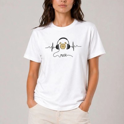 Kadın Müzik Temalı Baskılı Tişört Bisiklet Yaka Kısa Kol T-Shirt - Beyaz