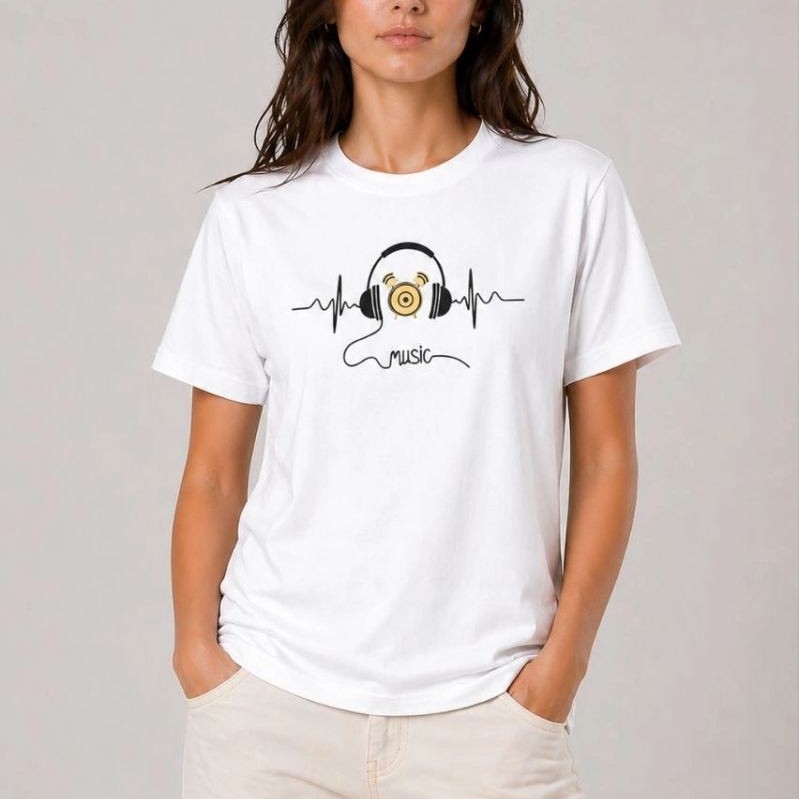 Kadın Müzik Temalı Baskılı Tişört Bisiklet Yaka Kısa Kol T-Shirt - Beyaz