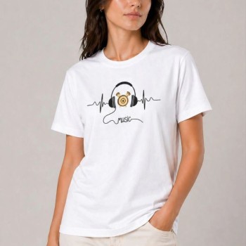 Kadın Müzik Temalı Baskılı Tişört Bisiklet Yaka Kısa Kol T-Shirt - Beyaz