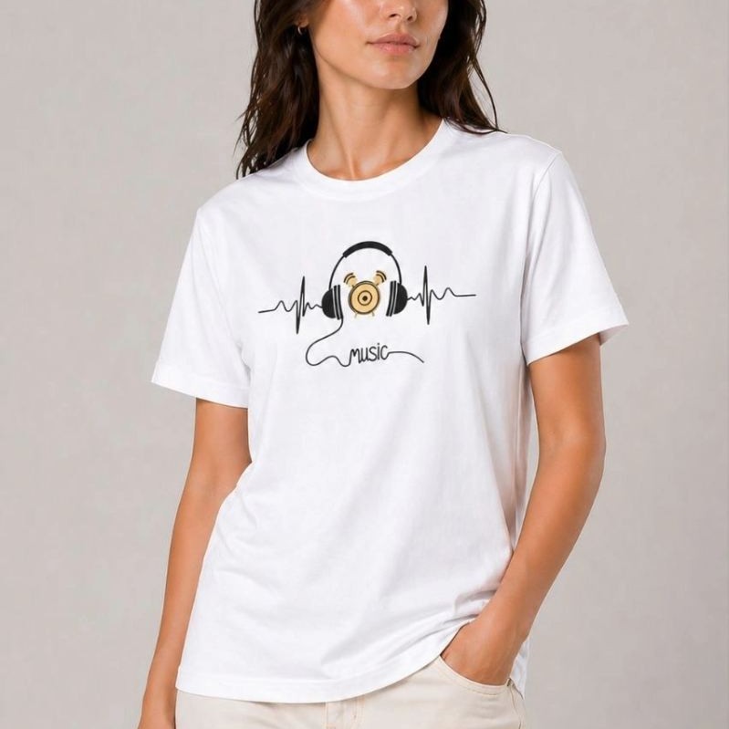 Kadın Müzik Temalı Baskılı Tişört Bisiklet Yaka Kısa Kol T-Shirt - Beyaz