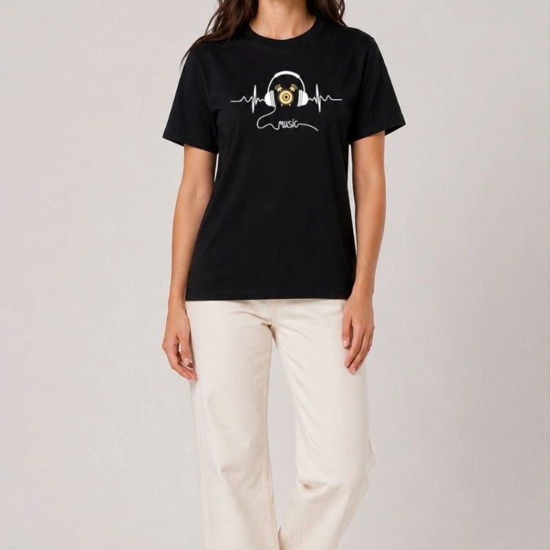 Kadın Müzik Temalı Baskılı Tişört Bisiklet Yaka Kısa Kol T-Shirt - Siyah