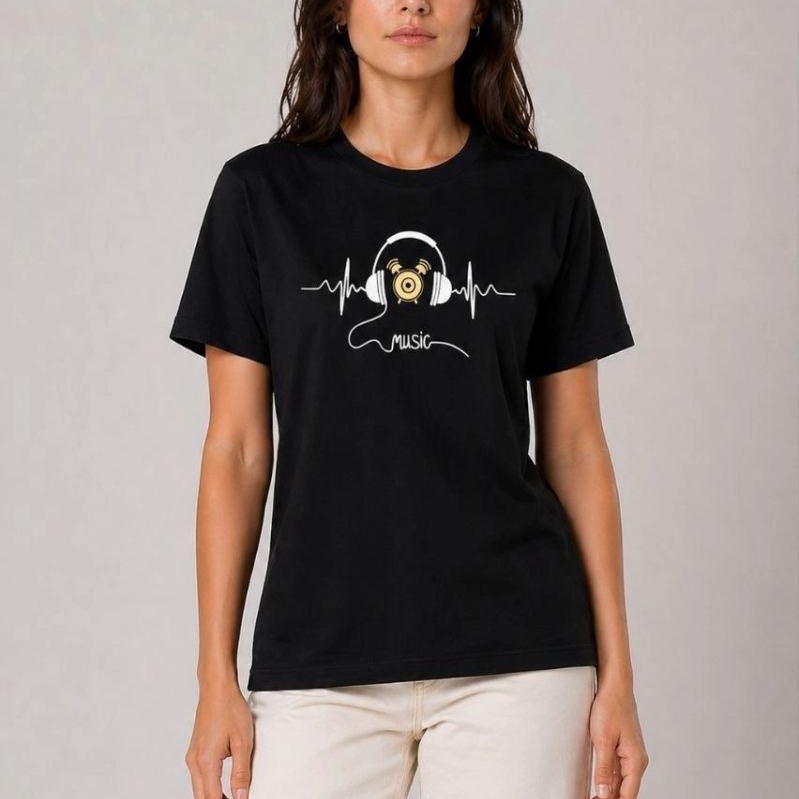 Kadın Müzik Temalı Baskılı Tişört Bisiklet Yaka Kısa Kol T-Shirt - Siyah