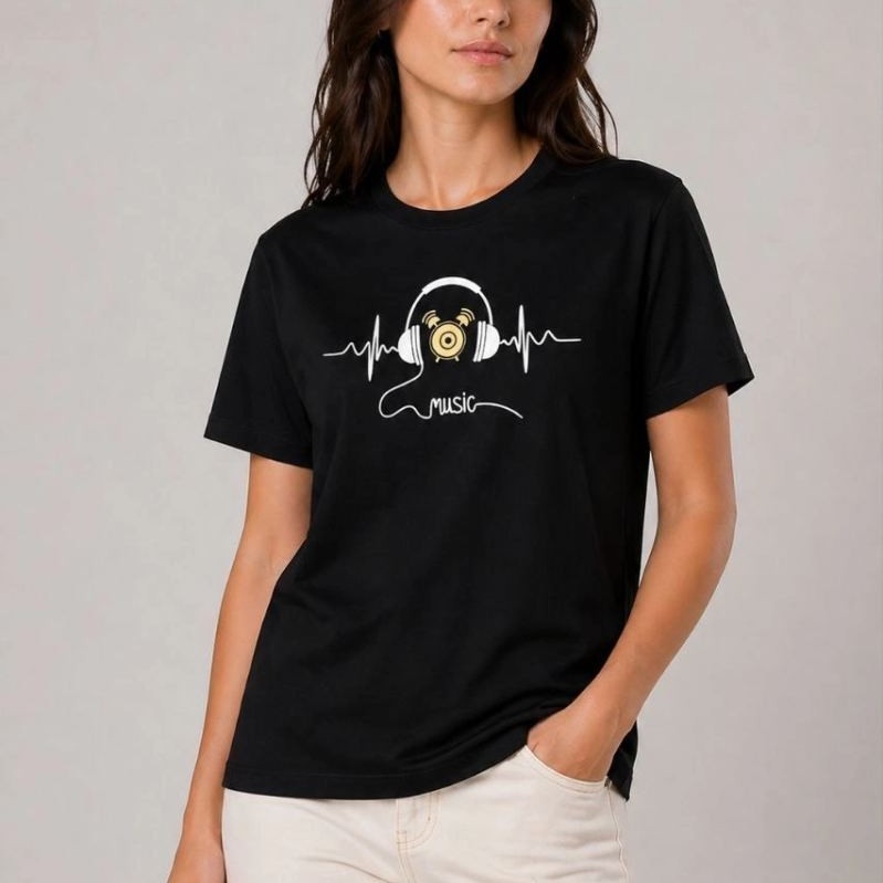 Kadın Müzik Temalı Baskılı Tişört Bisiklet Yaka Kısa Kol T-Shirt - Siyah