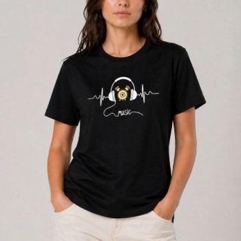 Kadın Müzik Temalı Baskılı Tişört Bisiklet Yaka Kısa Kol T-Shirt - Siyah