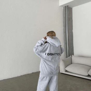 Kadın Nakış İşlemeli 3 İplik Pamuklu Sweat Alt-Üst Takım- Gri