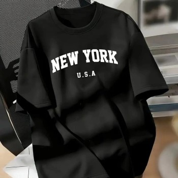 kadın New York Baskılı Tişört Kısa Kol Bisiklet Yaka T-shirt - Siyah