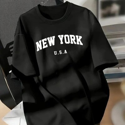 kadın New York Baskılı Tişört Kısa Kol Bisiklet Yaka T-shirt - Siyah