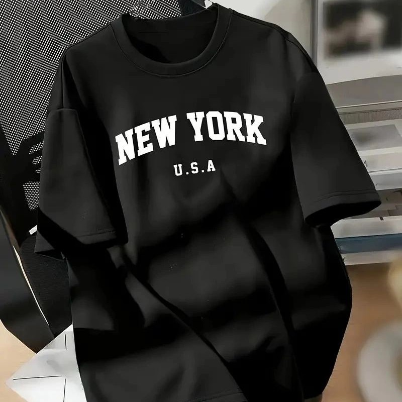 kadın New York Baskılı Tişört Kısa Kol Bisiklet Yaka T-shirt - Siyah