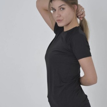 Kadın Omuz Fileli T-Shirt Kısa Kol Bisiklet Yaka Slimfit Tişört  - Siyah