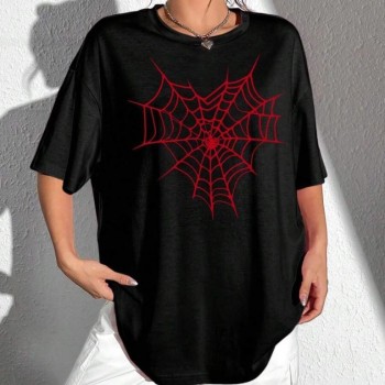 Kadın Örümcek Ağ Baskılı T-Shirt Kısa Kol Bisiklet Yaka Oversize Tişört - Siyah