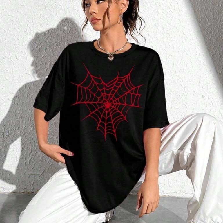 Kadın Örümcek Ağ Baskılı T-Shirt Kısa Kol Bisiklet Yaka Oversize Tişört - Siyah