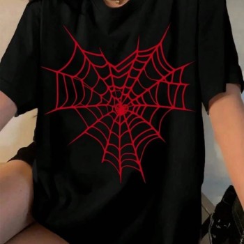 Kadın Örümcek Ağ Baskılı T-Shirt Kısa Kol Bisiklet Yaka Oversize Tişört - Siyah