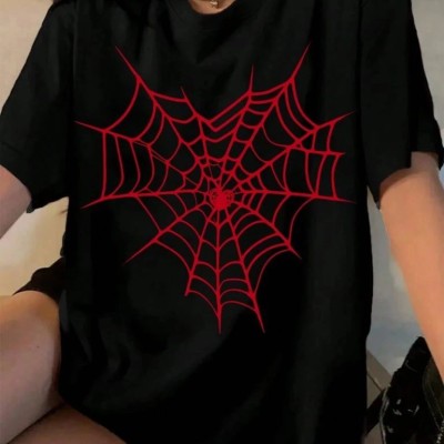Kadın Örümcek Ağ Baskılı T-Shirt Kısa Kol Bisiklet Yaka Oversize Tişört - Siyah