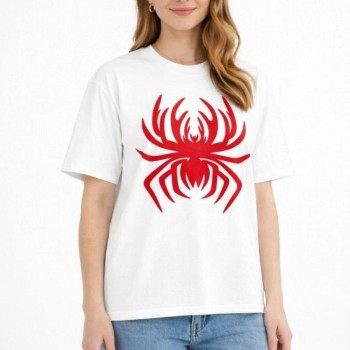 Kadın Örümcek Baskılı Tişört Kısa Kollu Bisiklet Yaka T-Shirt - Beyaz