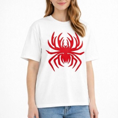 Kadın Örümcek Baskılı Tişört Kısa Kollu Bisiklet Yaka T-Shirt - Beyaz