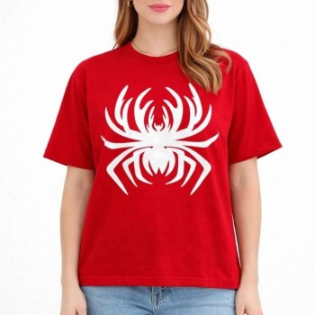 Kadın Örümcek Baskılı Tişört Kısa Kollu Bisiklet Yaka T-Shirt - Kırmızı
