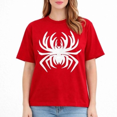 Kadın Örümcek Baskılı Tişört Kısa Kollu Bisiklet Yaka T-Shirt - Kırmızı