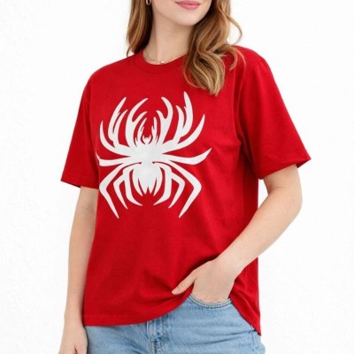 Kadın Örümcek Baskılı Tişört Kısa Kollu Bisiklet Yaka T-Shirt - Kırmızı