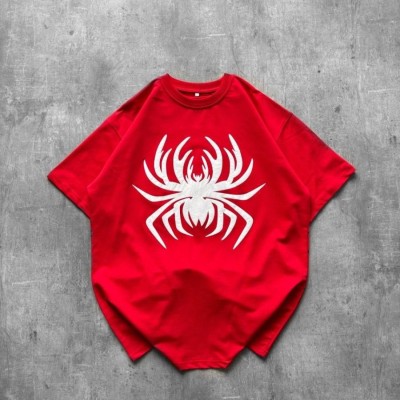 Kadın Örümcek Baskılı Tişört Kısa Kollu Bisiklet Yaka T-Shirt - Kırmızı