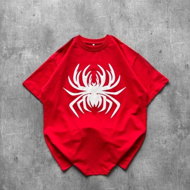 Kadın Örümcek Baskılı Tişört Kısa Kollu Bisiklet Yaka T-Shirt - Kırmızı