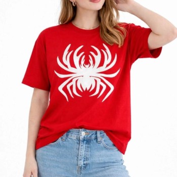 Kadın Örümcek Baskılı Tişört Kısa Kollu Bisiklet Yaka T-Shirt - Kırmızı