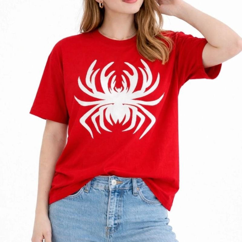 Kadın Örümcek Baskılı Tişört Kısa Kollu Bisiklet Yaka T-Shirt - Kırmızı