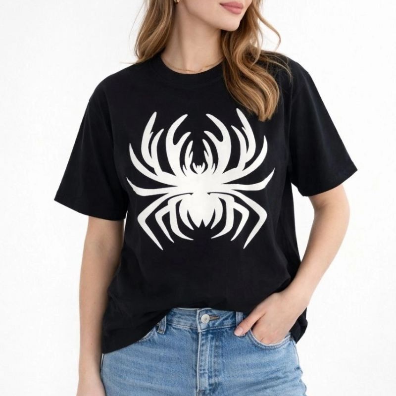 Kadın Örümcek Baskılı Tişört Kısa Kollu Bisiklet Yaka T-Shirt - Siyah