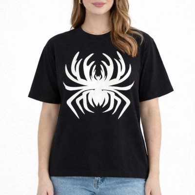 Kadın Örümcek Baskılı Tişört Kısa Kollu Bisiklet Yaka T-Shirt - Siyah