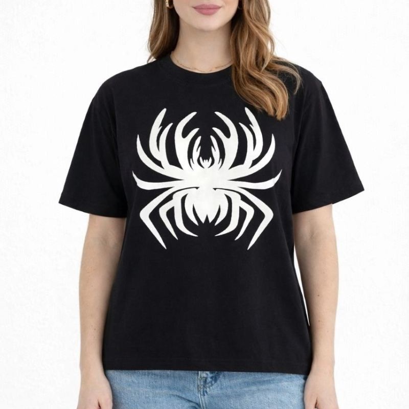 Kadın Örümcek Baskılı Tişört Kısa Kollu Bisiklet Yaka T-Shirt - Siyah