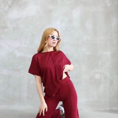 Kadın Osy Modal Yumuşak dokulu Bisiklet Yaka Kısa Kollu Alt-Üst Takım - Bordo