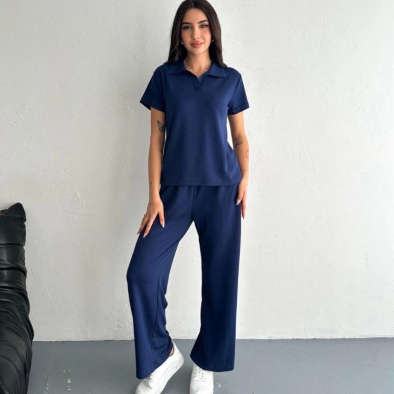 Kadın Osy Modal Yumuşak Dokulu Kısa Kollu Yakalı Pantolon ikili Takım - Lacivert