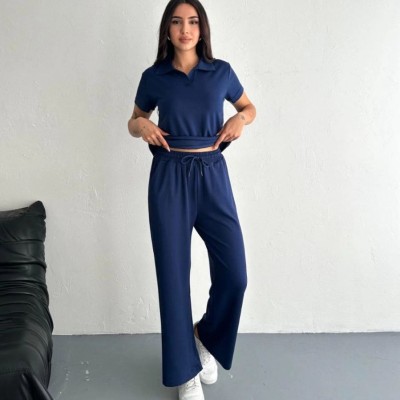 Kadın Osy Modal Yumuşak Dokulu Kısa Kollu Yakalı Pantolon ikili Takım - Lacivert