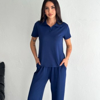 Kadın Osy Modal Yumuşak Dokulu Kısa Kollu Yakalı Pantolon ikili Takım - Lacivert