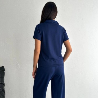 Kadın Osy Modal Yumuşak Dokulu Kısa Kollu Yakalı Pantolon ikili Takım - Lacivert