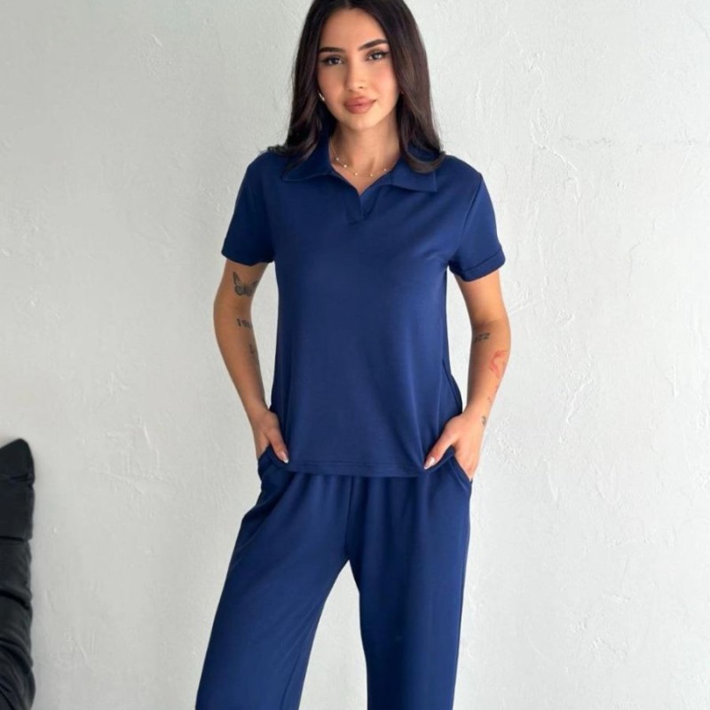 Kadın Osy Modal Yumuşak Dokulu Kısa Kollu Yakalı Pantolon ikili Takım - Lacivert
