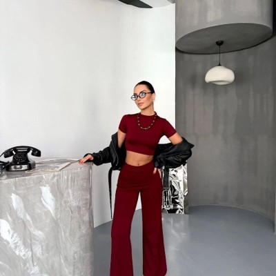 Kadın Osy Modal Yumuşak Dokulu Kumaş Kısa Kollu Crop Alt ispanyol Paça Pantolon ikili Takım - Bordo